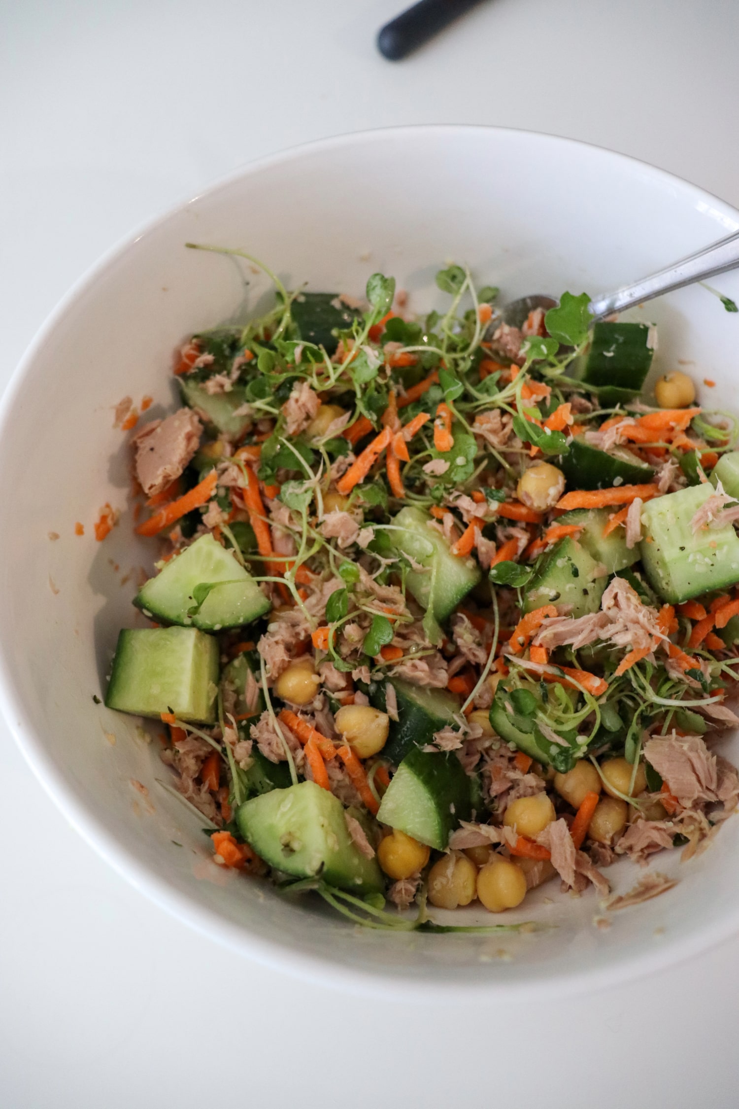 High protein tuna chickpea salad in a bowl